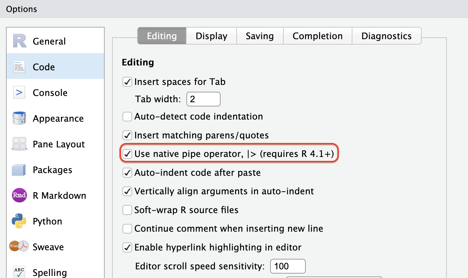 Check the box for Use native pipe operator, |>